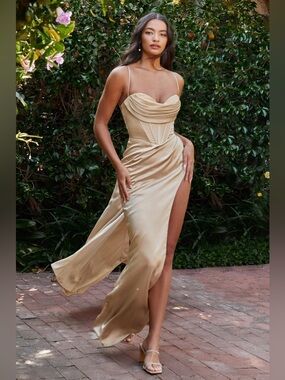 sold out deadstock Cinderella Devine Elegant Champagne Satin Slit Evening Dress